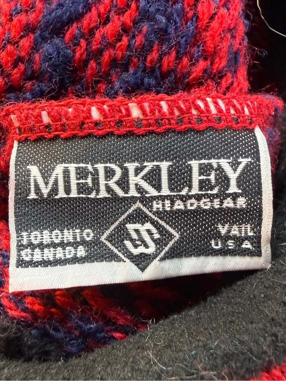 Children's Red & Navy Patterned Knit Beanie with Stripe Trim